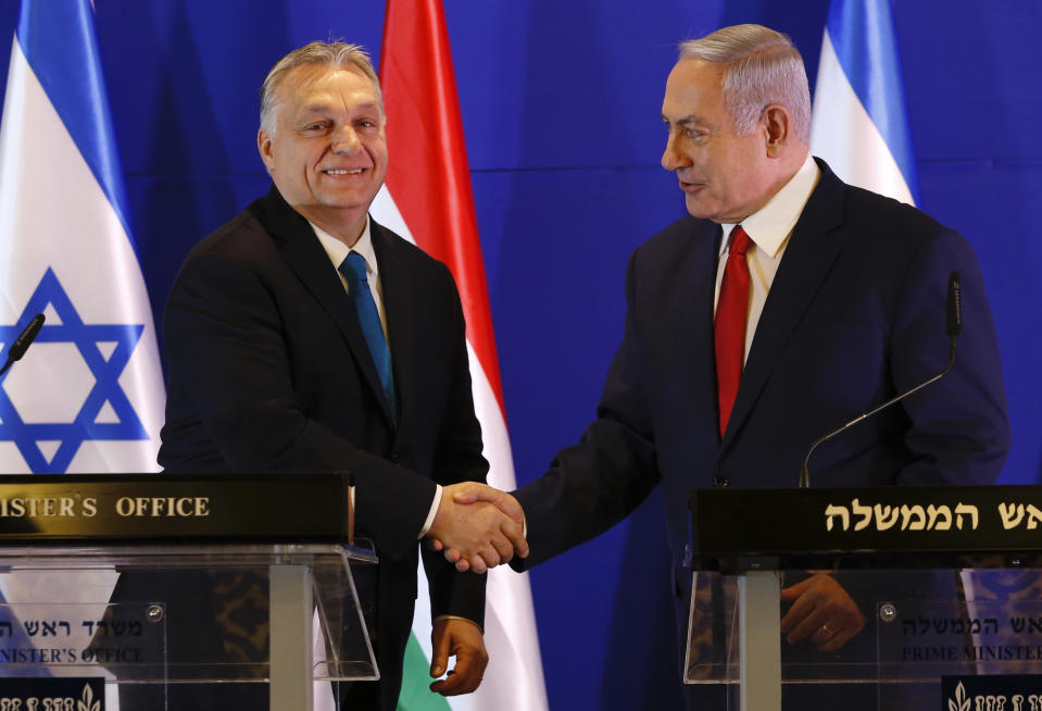 Hungarian Prime Minister Viktor Orban, left, and Israeli Prime Minister Benjamin Netanyahu attend a press conference after their meeting in Jerusalem, Tuesday, Feb. 19, 2019. (AP Photo/Ariel Schalit, Pool)