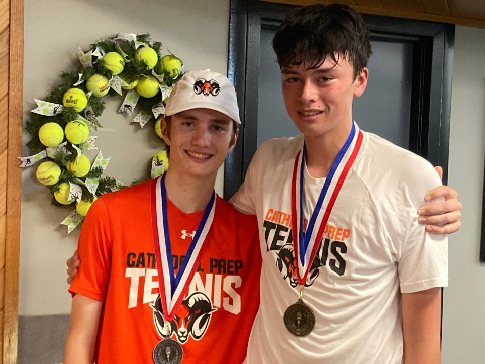 Cathedral Prep teammates Gavin Ferretti and Jonah Ng pose after Monday's championship match for District 10's Class 2A boys singles tennis tournament at Westwood Racquet Club. Ng won 6-1, 6-0 and advanced to the PIAA tournament at Hershey.