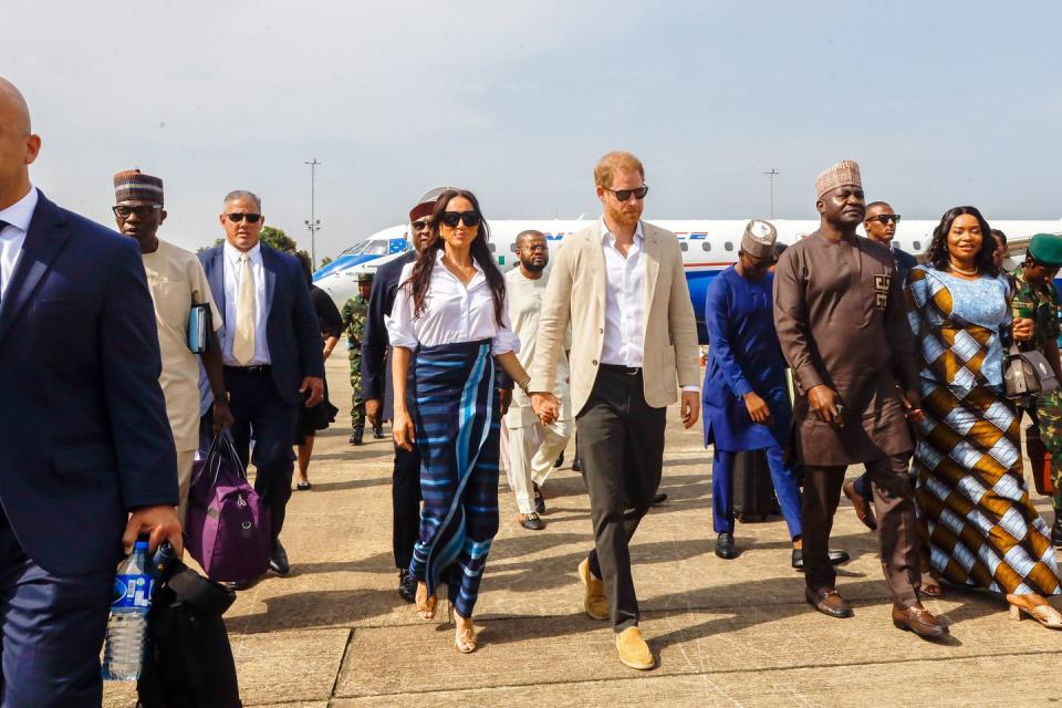 lagos, nigeria may 12 editorial use only prince harry, duke of sussex and meghan, duchess of sussex arrive at the lagos airport for official state welcome on may 12, 2024 in lagos, nigeria photo by andrew esiebogetty images for the archewell foundation