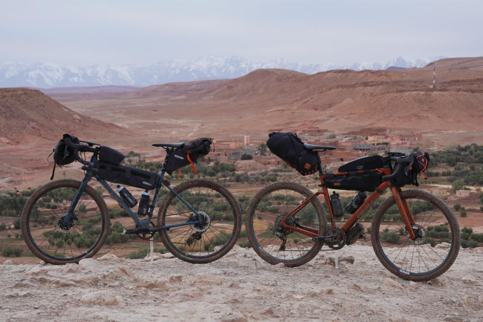 Ribble Gravel SL - Pro carbon gravel bike and Ribble Gravel 725 - Pro steel gravel bike next to each other in Morocco on a bikepacking loop.