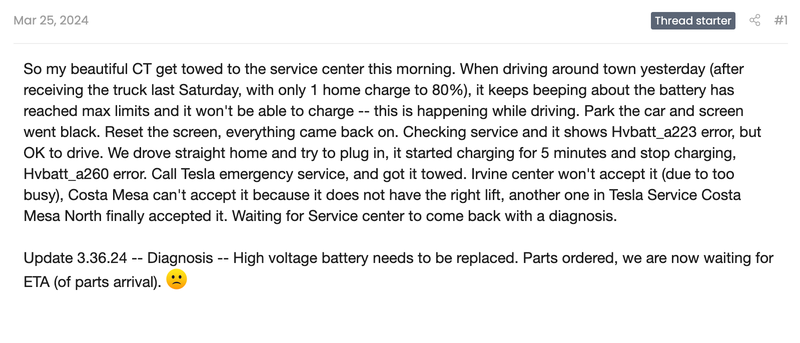 Screenshot: Cybertruck Owners Club (<a class="link " href="https://www.cybertruckownersclub.com/forum/threads/error-on-my-ct-after-300-miles-it-wont-charge.13824/" rel="nofollow noopener" target="_blank" data-ylk="slk:Other;elm:context_link;itc:0;sec:content-canvas">Other</a>)