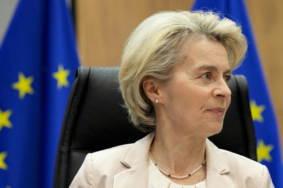 European Commission President Ursula von der Leyen waits for the start of the weekly college of commissioners meeting at EU headquarters in Brussels on Wednesday, Jan. 25, 2023. (AP Photo/Virginia Mayo)
