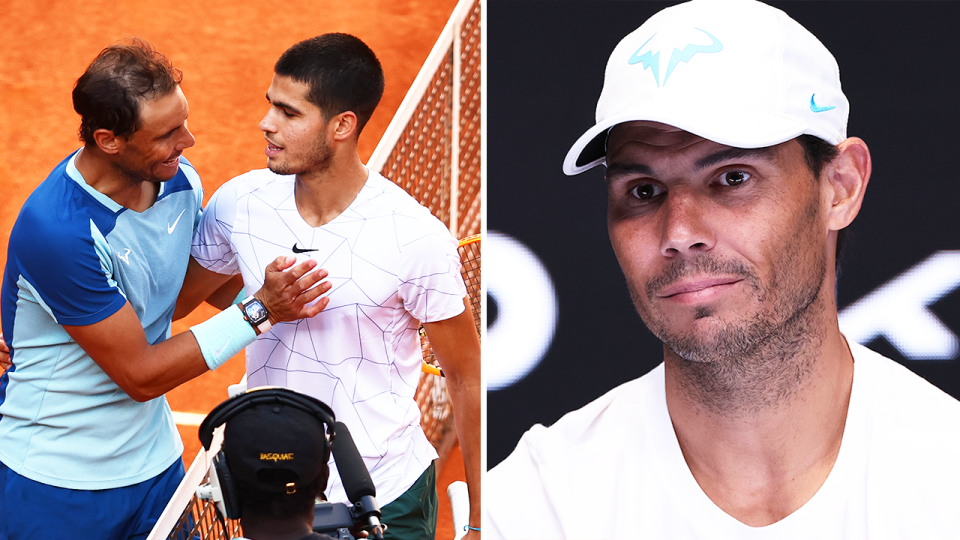 Rafa Nadal embraces Carlos Alcaraz and Nadal speaks.