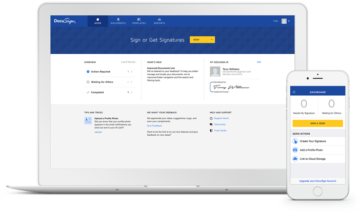 DocuSign's e-signature product on a laptop and smartphone