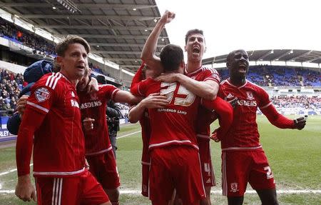 Football Soccer - Bolton Wanderers v Middlesbrough - Sky Bet Football League Championship - Macron Stadium - 16/4/16 Players celebrate after Jordan Rhodes (not pictured) scores the second goal for Middlesbrough Mandatory Credit: Action Images / Ed Sykes Livepic