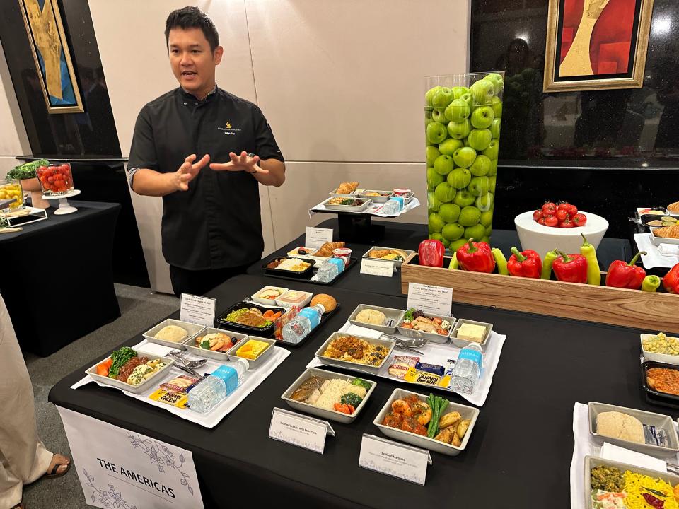 A display of Singapore Airlines' new premium economy meals for flights to and from the Americas.