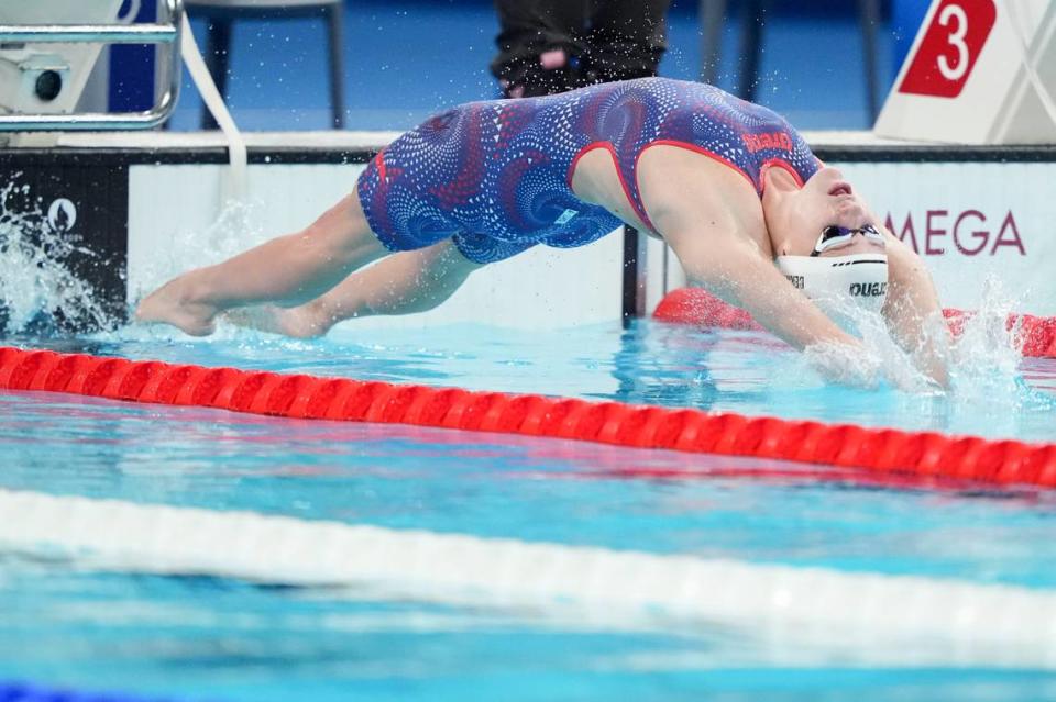 Katherine Berkoff competes in the women’s 100-meter backstroke preliminary heats during the Paris 2024 Olympic Summer Games at Paris La Défense Arena.