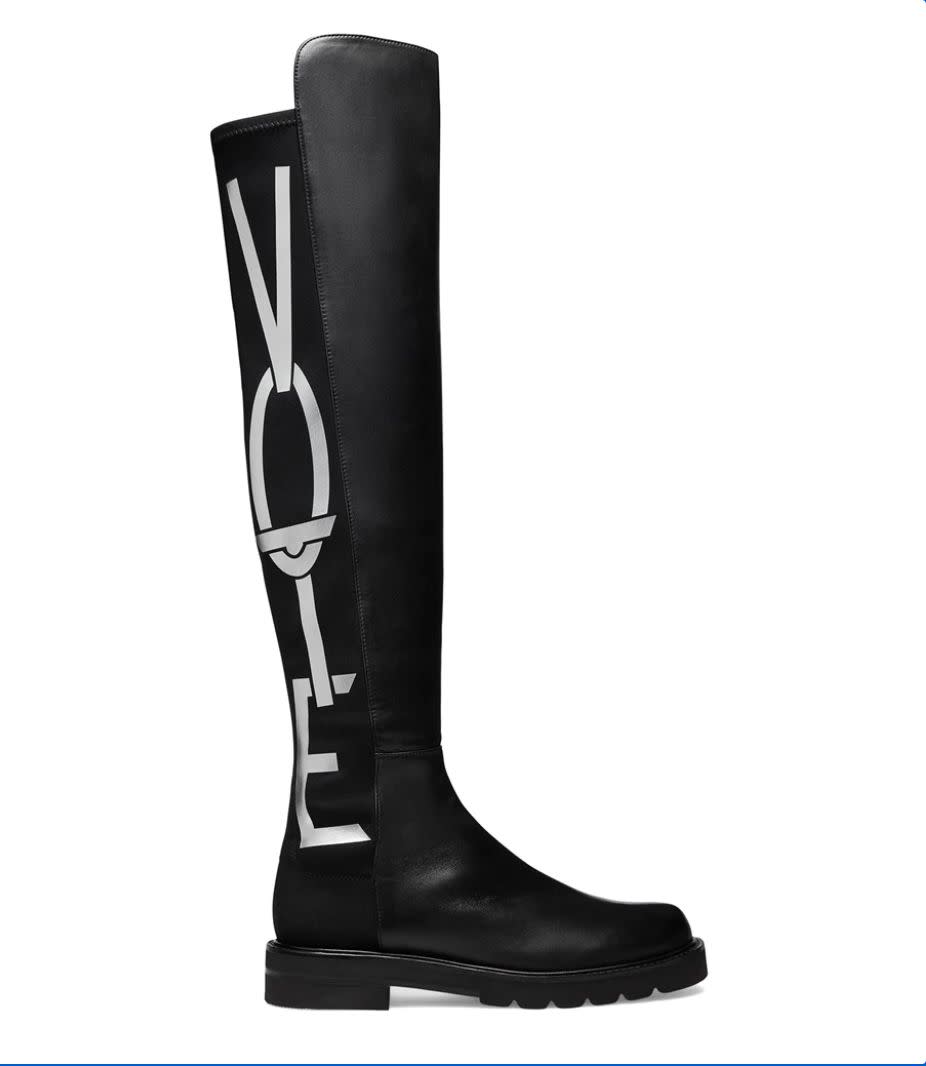 <strong>Get the <a href="https://www.stuartweitzman.com/products/5050-vote/black-nappa-leather/?ogmap=PLA|RTN|GOOG|STND|c|SITEWIDE|Main|PLA_Brand_Standard|Shoes_-_Boots||1408112353|54176800543|US&amp;gclid=EAIaIQobChMIl8qPud__6wIVB7LICh08wgHpEAQYASABEgLOC_D_BwE" target="_blank" rel="noopener noreferrer">Stuart Weitzman 5050 vote boots</a>, <a href="https://www.huffpost.com/entry/jill-biden-vote-boots_l_5f5f98c6c5b6fd3d05276e81" target="_blank" rel="noopener noreferrer">as seen on Dr. Jill Biden</a>, for $695.</strong>