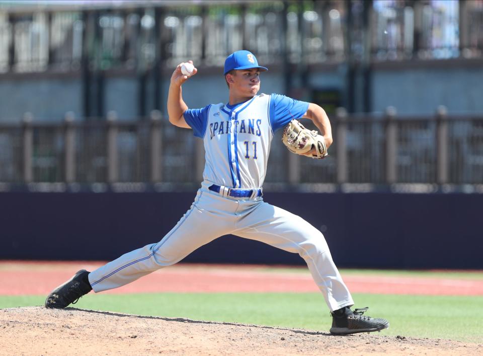 Maine-Endwell's Bryant Carpenter (11) delivers a pitch during their 4-2 win over Somers in the Class A regional final baseball game at Dutchess Stadium in Wappingers Falls, on Saturday, June 4, 2022.