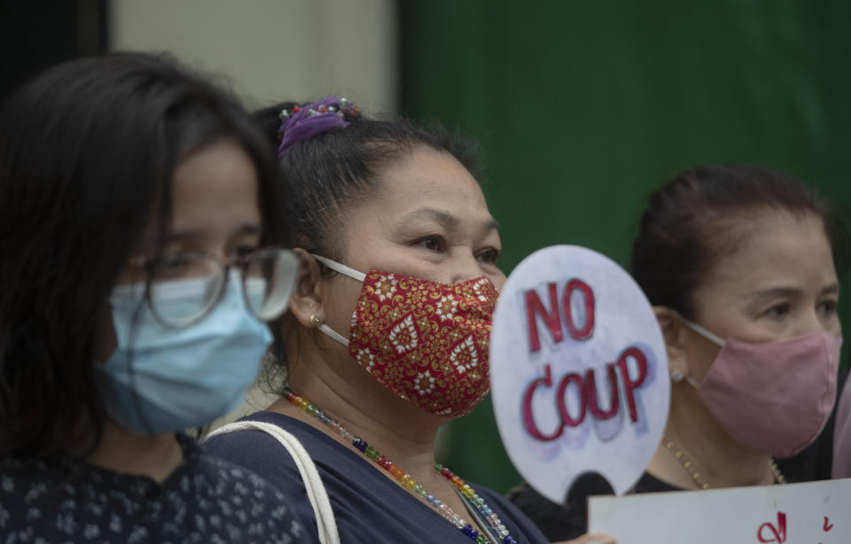 Thai anti-government protesters gather in front of the Royal Thai Army Headquarters in Bangkok, Thailand, Monday, July 20, 2020. Anti-government protesters are calling for a new constitution, new elections and an end to repressive laws. (AP Photo/Sakchai Lalit)