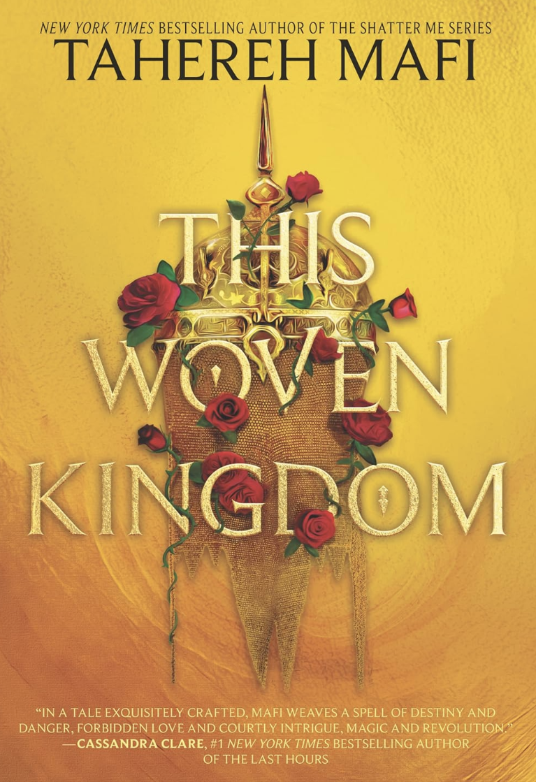 Cover of the book "This Woven Kingdom" by Tahereh Mafi, featuring golden ornate patterns and a wreath of flowers on a yellow background