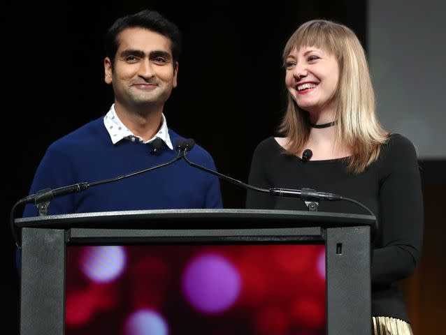 <p>Todd Williamson/Getty</p> Kumail Nanjiani and Emily V. Gordon speak onstage at Amazon Studios CinemaCon Presentation during CinemaCon on March 30, 2017.