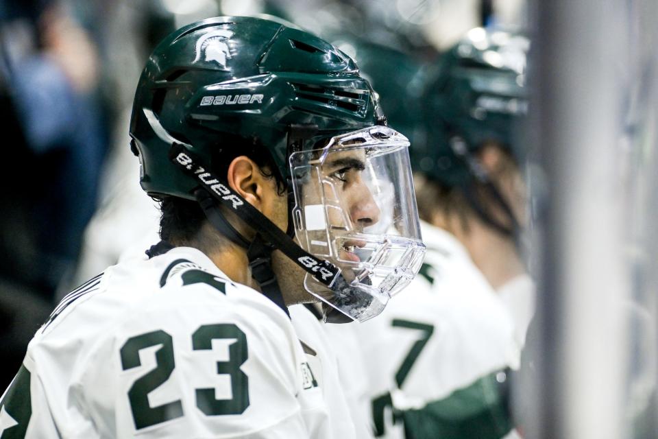 Michigan State's Jagger Joshua looks on from the bench during the second period in the game against Penn State on Monday, Jan. 4, 2021, at the Munn Ice Arena in East Lansing. 