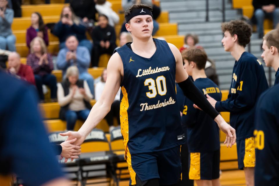 Littlestown senior Christopher Meakin is introduced in the starting lineup during a YAIAA Division III basketball game against Delone Catholic Jan. 17, 2024, in McSherrystown. Meakin finished the game with 16 points to help the Bolts win, 56-47.