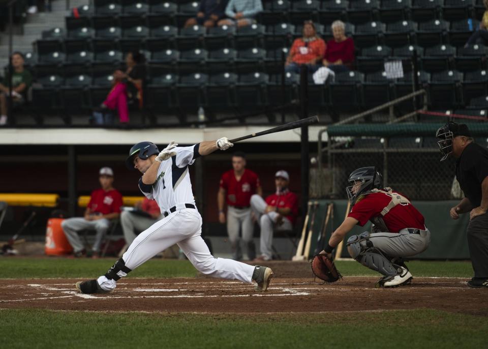 The Bravehearts'  Matt Shaw connects for a single during the 2020 FCBL Championship Series against Nashua Silver Knights.