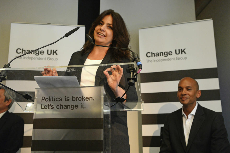 Change UK interim leader Heidi Allen speaks during a pro EU-party Change UK rally at Church House in Westminster, London, Tuesday April 30, 2019. (Kirsty O'Connor/PA via AP)