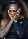 File-This Sept. 8, 2018, file photo shows Serena Williams reacting during the trophy ceremony in the women's final of the U.S. Open tennis tournament in New York. Naomi Osaka, of Japan, defeated Williams. Williams has been voted the AP Female Athlete of the Decade for 2010 to 2019. Williams won 12 of her professional-era record 23 Grand Slam singles titles over the past 10 years. No other woman won more than three in that span. She also tied a record for most consecutive weeks ranked No. 1 and collected a tour-leading 37 titles in all during the decade. Gymnast Simone Biles finished second in the vote by AP member sports editors and AP beat writers. Swimmer Katie Ledecky was third, followed by ski racers Lindsey Vonn and Mikaela Shiffrin. (AP Photo/Adam Hunger, File)