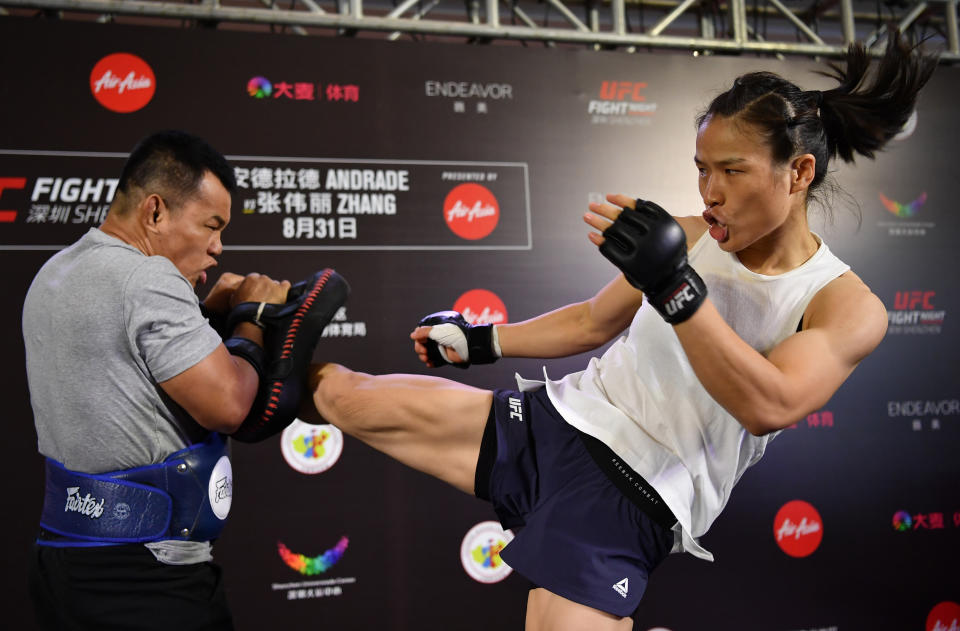 SHENZHEN, CHINA - AUGUST 28:  Weili Zhang of China holds an open workout session for fans and media at Upper Hills Mall on August 28, 2019 in Shenzhen, China. (Photo by Brandon Magnus/Zuffa LLC/Zuffa LLC via Getty Images)