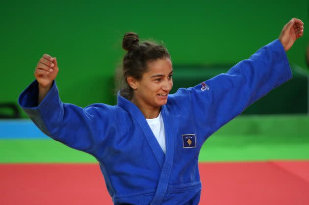 Majlinda Kelmendi, Kosovo's first Olympic medallist, celebrates her victory (Photo: Adrees Latif / Reuters)