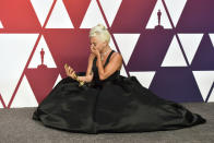 Lady Gaga, winner of the Academy Award for best original song for "Shallow" from "A Star Is Born," gets emotional in the press room during the Oscars at the Dolby Theatre in Los Angeles on Feb. 24, 2019. (Photo by Jordan Strauss/Invision/AP)