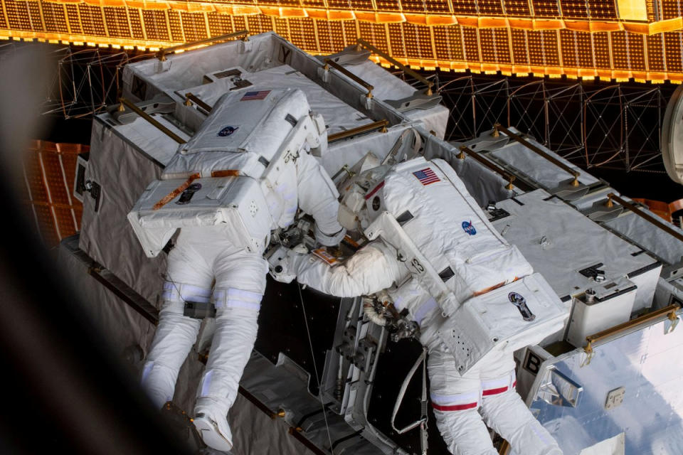 NASA astronauts Anne McClain (R) and Nick Hague are seen during a spacewalk at the International Space Station in this social media photo on March 22, 2019. Picture taken on March 22, 2019.  Courtesy NASA/Handout via REUTERS   ATTENTION EDITORS - THIS IMAGE HAS BEEN SUPPLIED BY A THIRD PARTY.?