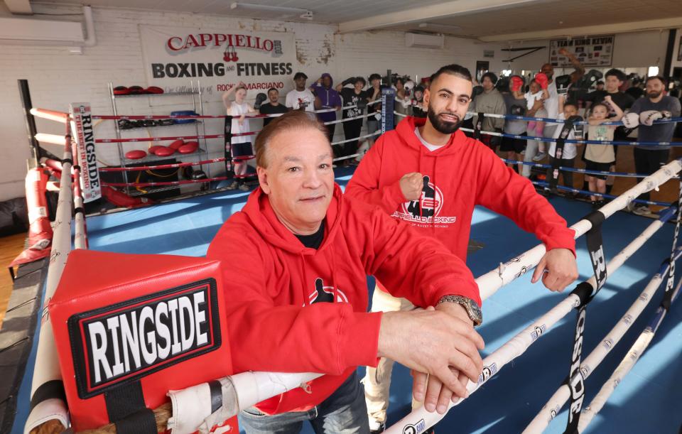 Owner Michael Cappiello with his son Mike Cappiello at Cappiello Boxing Gym in Brockton on Thursday, May 2, 2024.