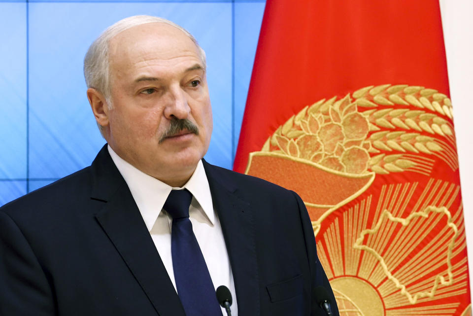 Belarusian President Alexander Lukashenko speaks during a meeting with the country's political activists in Minsk, Belarus, Wednesday, Sept. 16, 2020.(Maxim Guchek/BelTA Pool Photo via AP)