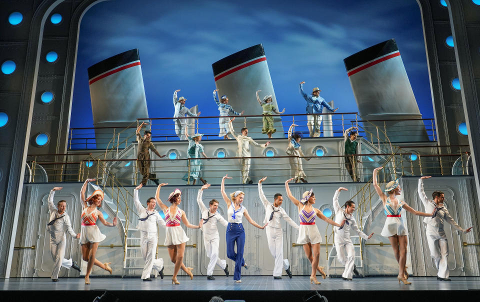 <p>Sutton Foster and the cast during a photocall for the musical Anything Goes before the production opens at the Barbican Theatre, London. Picture date: Wednesday July 28, 2021.</p>
