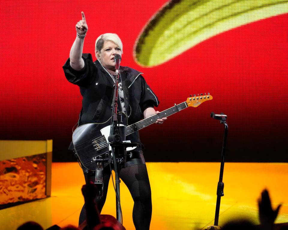 Aug. 16, 2023; Columbus, Oh., USA;  Lead vocalist Natalie Maines of The Chicks performs in concert at Nationwide Arena on Wednesday.