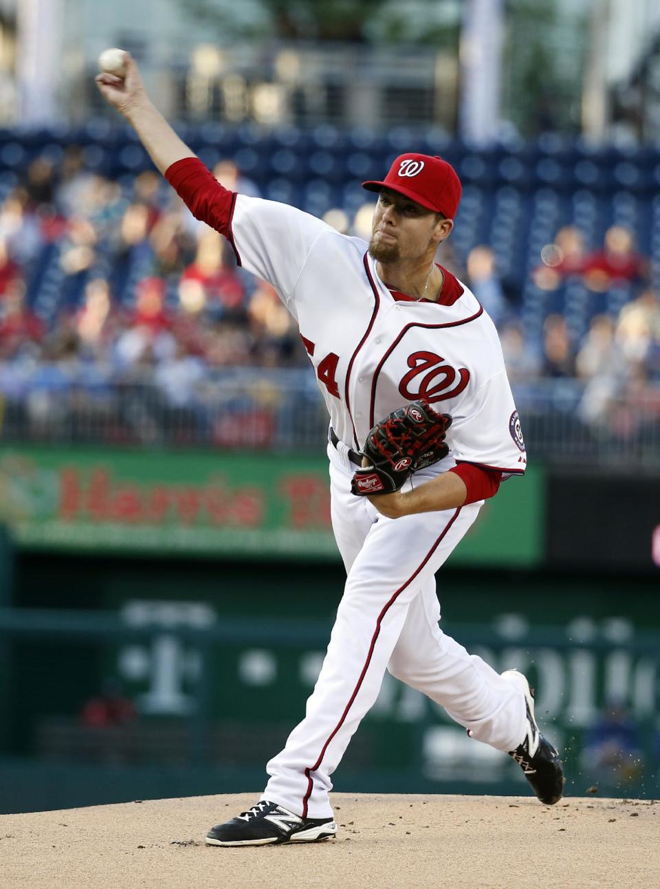 CORRECTS TO STARTER, NOT RELIEF - Washington Nationals starter pitcher Blake Treinen throws during the first inning of a baseball game against the Los Angeles Dodgers at Nationals Park, Tuesday, May 6, 2014, in Washington. He was promoted from Triple-A Syracuse to start the game. (AP Photo/Alex Brandon)