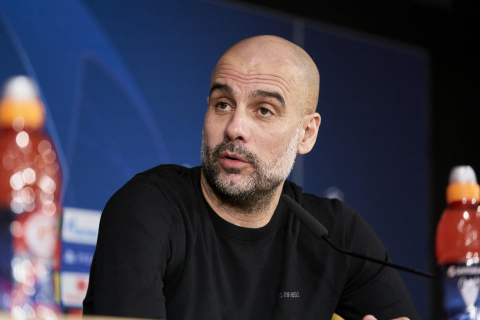 Pep Guardiola attends to Manchester City Press Conference at Santiago Bernabeu Stadium in Madrid, Spain on February 25, 2020. (Photo by A. Ware/NurPhoto via Getty Images)