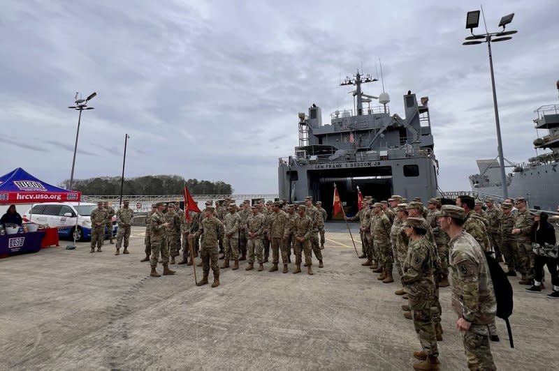 Troops of the U.S. Army's 7th Transportation (Expeditionary) Brigade, 3rd Expeditionary Sustainment Command and XVIII Airborne Corps prepare to embark the General Frank S. Besson at Joint Base Langley-Eustis, Virginia, on Saturday en route to begin work on a temporary port to get aid into Gaza by sea. Photo by U.S. Central Command/UPI