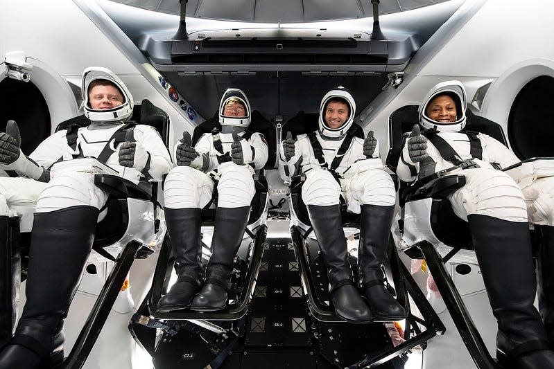 Members of NASA’s SpaceX Crew-8 from right to left, NASA astronauts Jeanette Epps, mission specialist; Matthew Dominick, commander; Michael Barratt, pilot; and Roscosmos cosmonaut Alexander Grebenkin, mission specialist; participate in the Crew Equipment Interface Test at Cape Canaveral Space Force Station in Florida on Friday, Jan. 12, 2024.