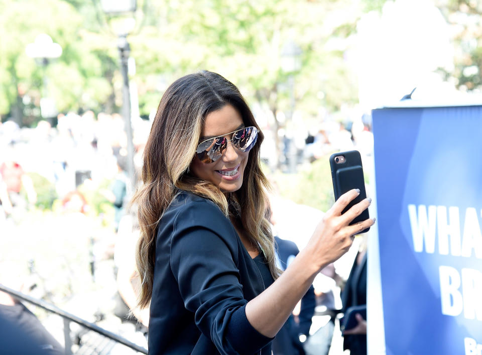Eva Longoria outdoors in New York City to raise money for metastatic breast cancer research. 