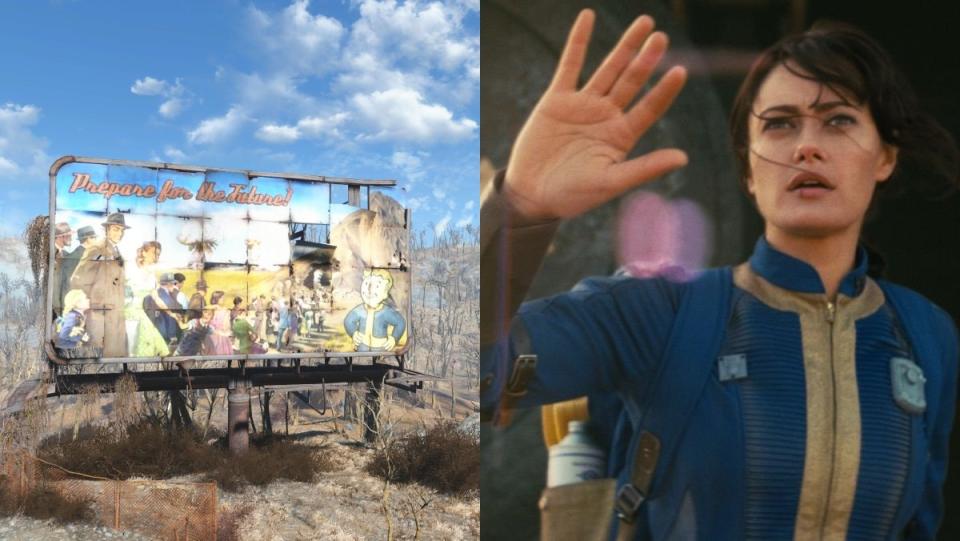 split image of lucy from fallout tv series and vault tec faction billboard  