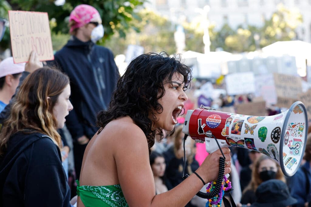 Maya Iribarren participates in an abortion-rights protest at City Hall in San Francisco following the Supreme Court’s decision to overturn Roe v. Wade, Friday, June 24, 2022. (AP Photo/Josie Lepe)