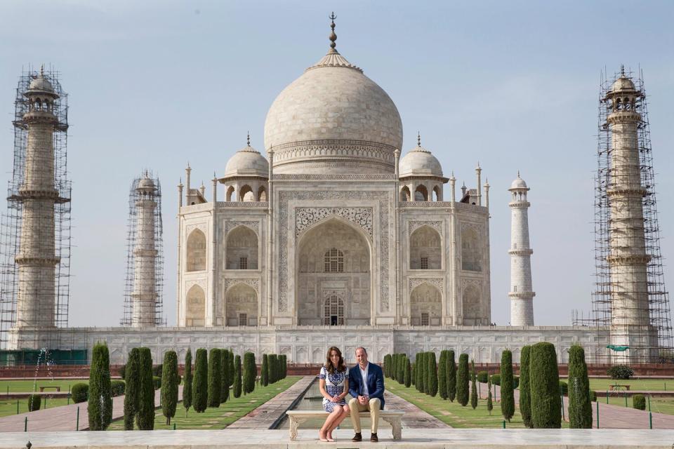 Prince William, Duke of Cambridge and Catherine, Duchess of Cambridge pose in front of the Taj Mahal