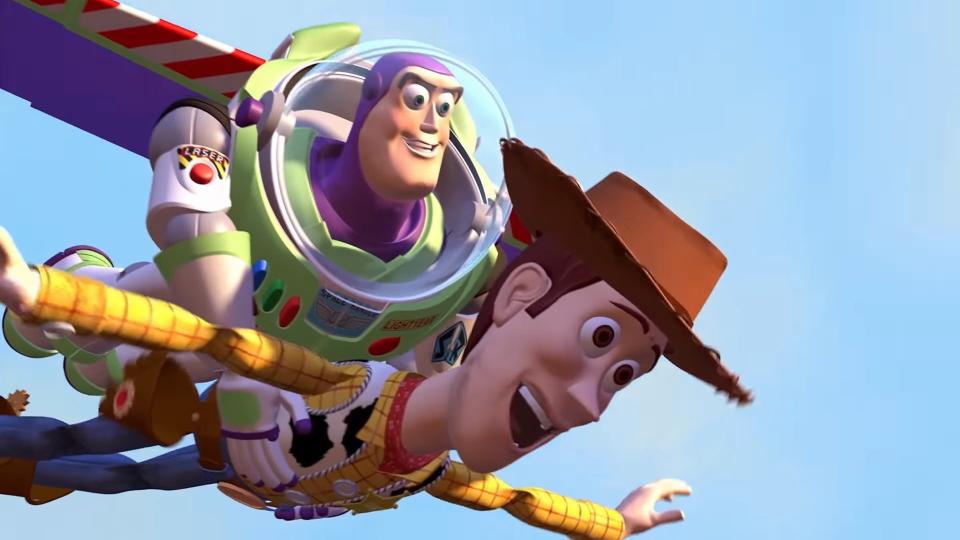 Buzz and Woody flying together in "Toy Story"