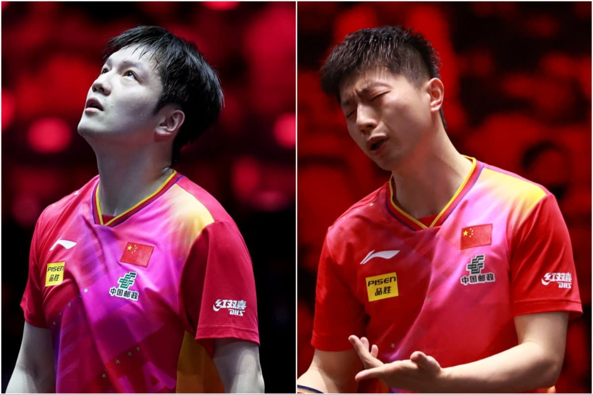 Top Chinese paddlers Fan Zhendong (left) and Ma Long suffered shock defeats at the WTT Singapore Smash 2024. (PHOTOS: WTT)