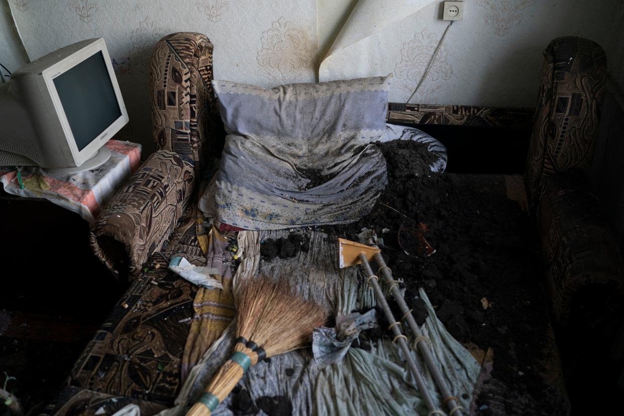 An apartment damaged after a Russian attack in Slovyansk, Ukraine, Sunday, Aug. 28, 2022. 