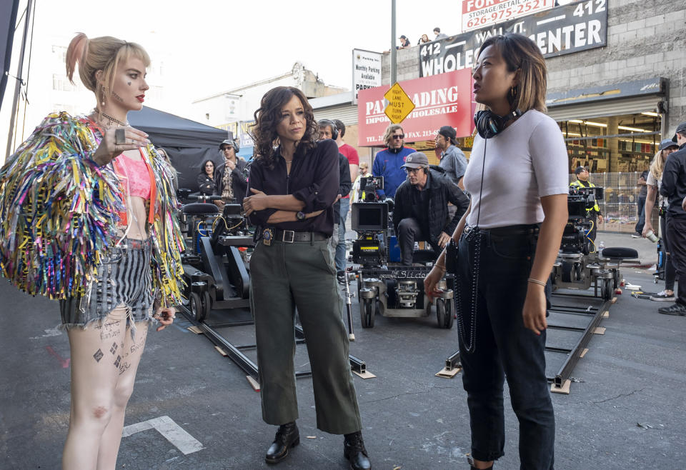 Margot Robbie, Rosie Perez and Cathy Yan on the set of "Birds of Prey" (Warner Bros.)