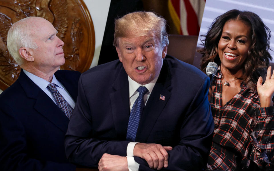 John McCain, Donald Trump, Michelle Obama (Yahoo News photo illustration; photos: Aaron P. Bernstein/Reuters, Al Drago/Bloomberg via Getty Images, Kamil Krzaczynski/Reuters)