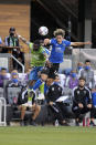 San Jose Earthquakes forward Cade Cowell (44) and Seattle Sounders defender Nouhou Tolo (5) go up for a header during the first half of an MLS soccer match Wednesday, May 12, 2021, in San Jose, Calif. (AP Photo/Tony Avelar)