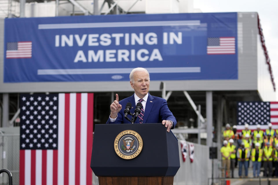 FILE - President Joe Biden speaks about jobs during a visit to semiconductor manufacturer Wolfspeed Inc., in Durham, N.C., Tuesday, March 28, 2023. (AP Photo/Carolyn Kaster, File)