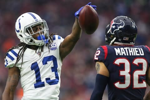 Indianapolis Colts wide receiver T.Y. Hilton (13) reacts after making a reception as Houston Texans free safety Tyrann Mathieu (32) looks on during the second quarter at NRG Stadium - Credit: Troy Taormina/USA TODAY