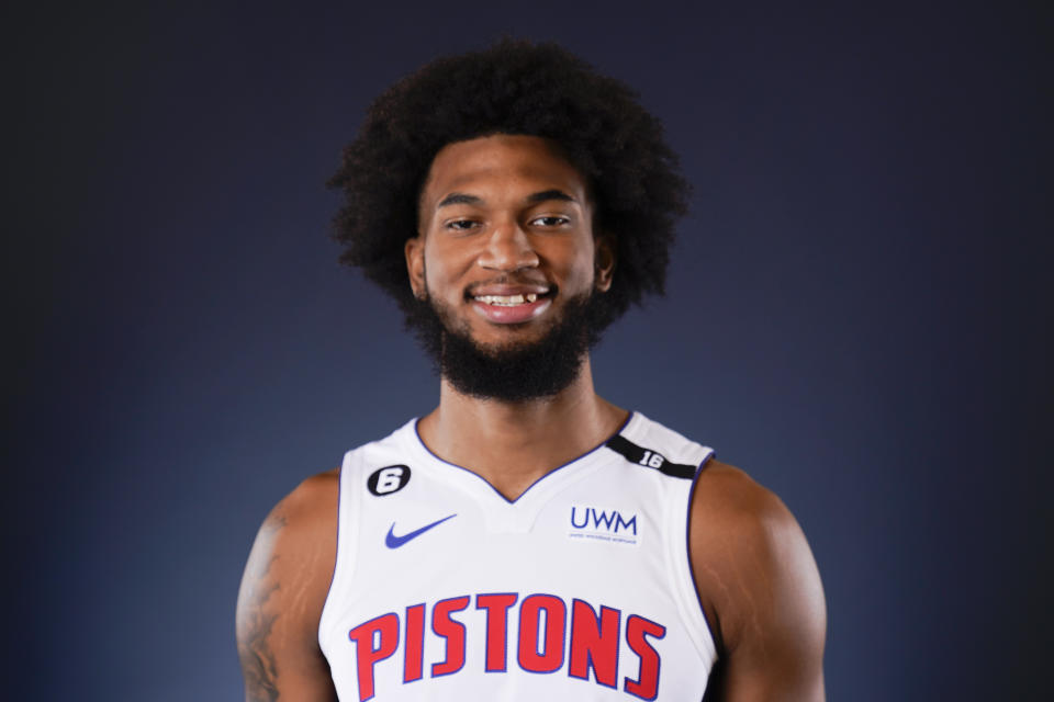Detroit Pistons forward Marvin Bagley III poses during the NBA basketball team's Media Day in Detroit, Monday, Sept. 26, 2022. (AP Photo/Paul Sancya)