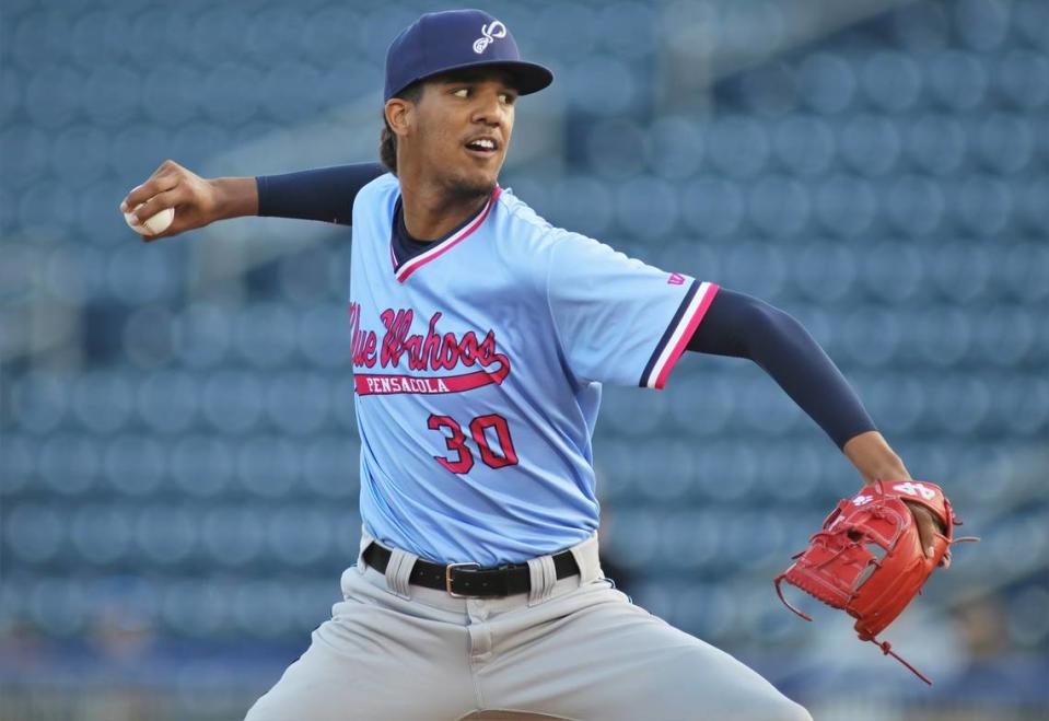 Eury Perez pitches for the Pensacola Blue Wahoos against the Biloxi Shuckers in a Double A baseball game on Friday, April 29, 2022.