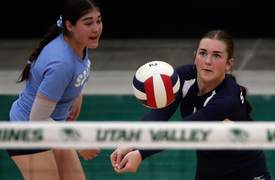 Salem Hills’ Daxlyn Gammell hits the ball during a 5A volleyball state tournament quarterfinal game against Woods Cross at the UCCU Center in Orem on Thursday, Nov. 2, 2023. Woods Cross won 3-2. | Kristin Murphy, Deseret News