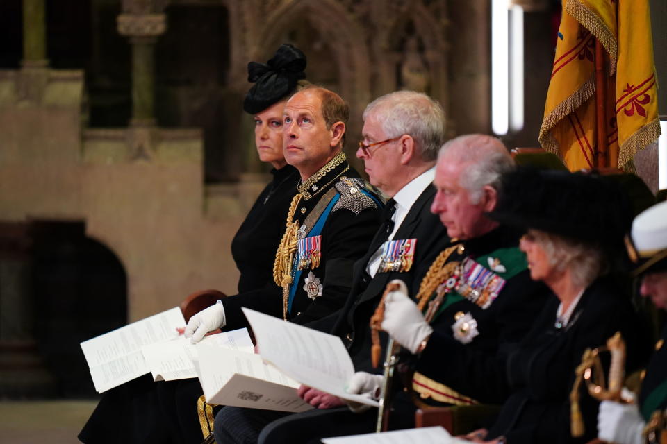 From left, Sophie Countess of Wessex, Prince Edward, Prince Andrew, King Charles III and Camilla Queen Consort during a Service of Prayer and Reflection for the Life of Queen Elizabeth II at St Giles' Cathedral, Edinburgh, Monday, Sept. 12, 2022. (Jane Barlow/Pool Photo via AP)