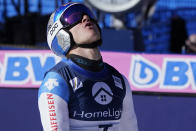 Switzerland's Marco Odermatt reacts after finishing his run during a men's World Cup super-G skiing race Thursday, Dec. 2, 2021, in Beaver Creek, Colo. (AP Photo/Gregory Bull)
